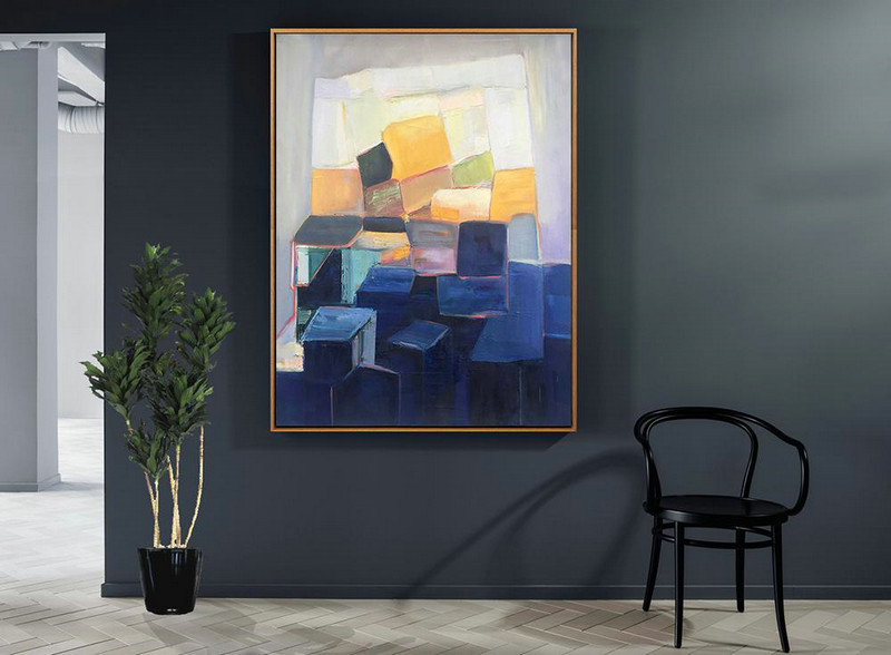 Original Art Acrylic Painting,Vertical Palette Knife Contemporary Art,Large Colorful Wall Art,Grey,Yellow,Dark Blue.etc